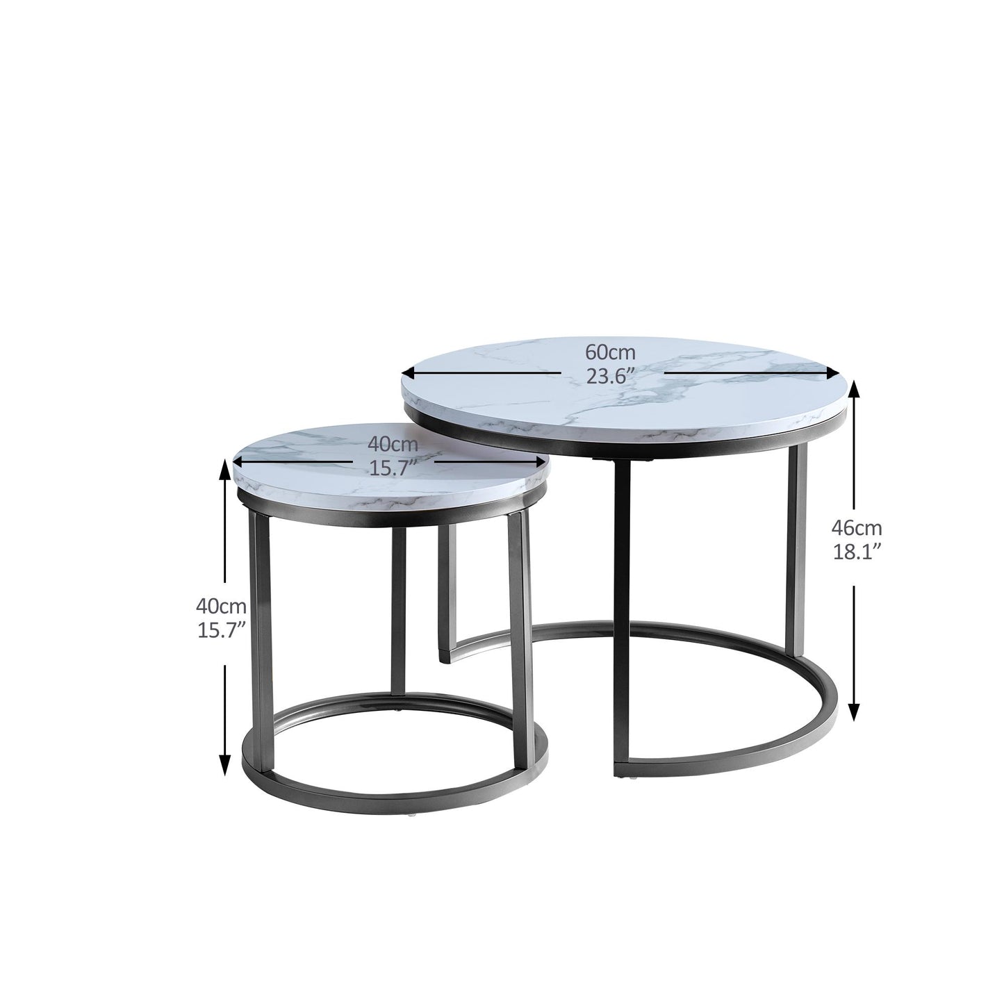 Modern Nesting coffee table,Black metal frame with marble color top-23.6”