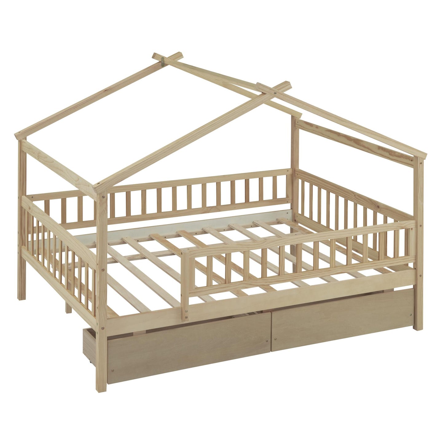 Full Size Wooden House Bed with Two Drawers
