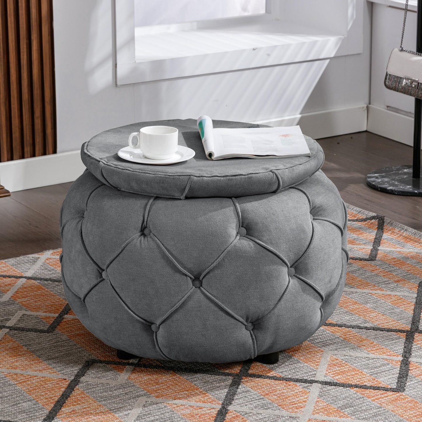 Large Button Tufted Woven Round Storage Footstool。Suitable for living room, bedroom, study