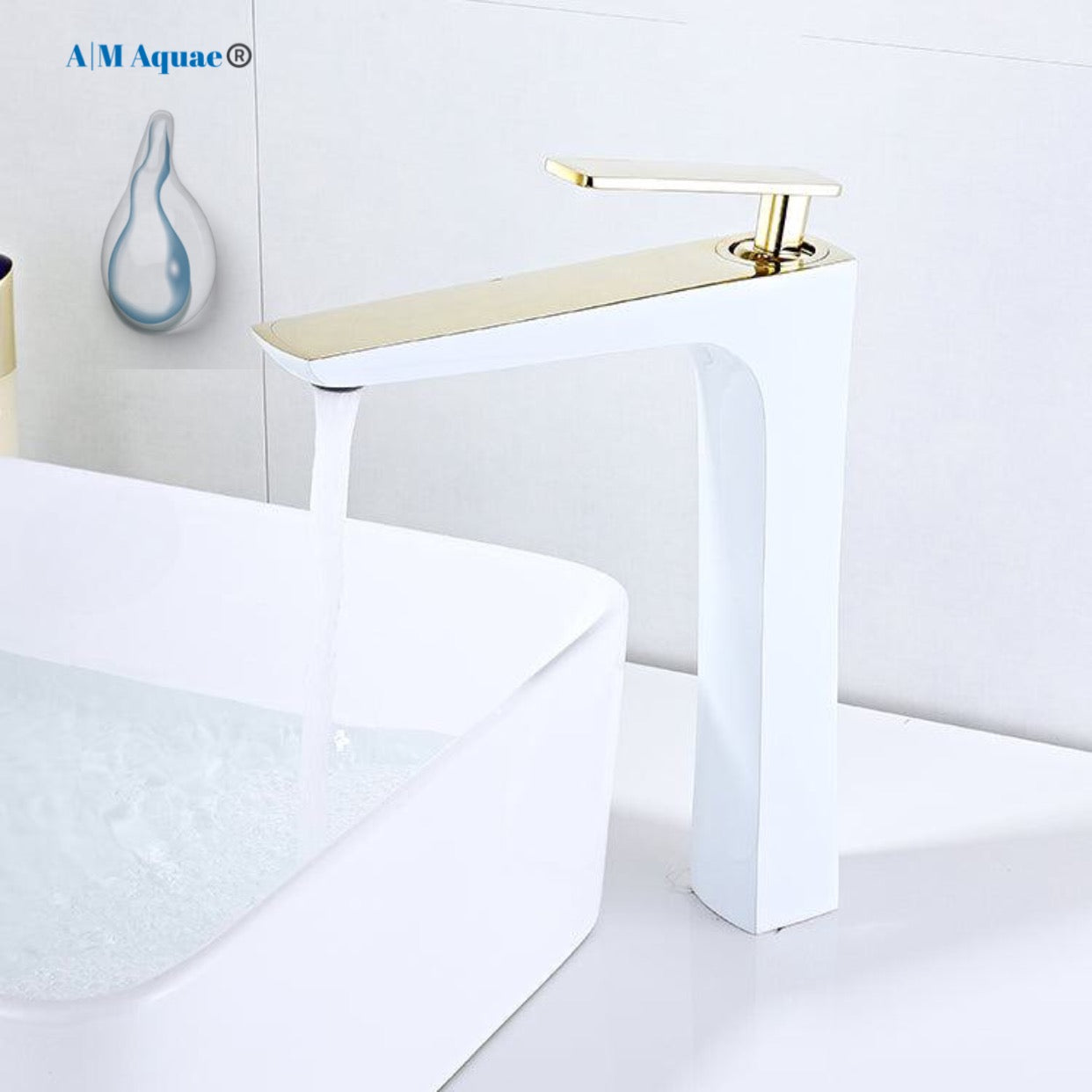 A|M Aquae Modern White Bathroom Faucet ,Single Handle Brass White Gold Tall Bathroom Basin Faucet
