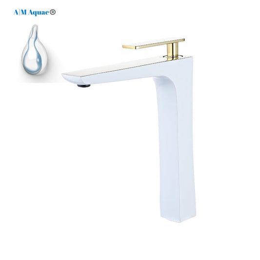 A|M Aquae Modern White Bathroom Faucet ,Single Handle Brass White Gold Tall Bathroom Basin Faucet