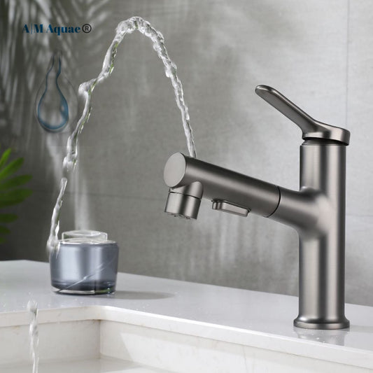 Modern Vanity Faucet Pull Down Sprayer Tap Brass Basin Mixer With Single Hole Single Handle Basin Mixer Tap for Hot and Cold Water