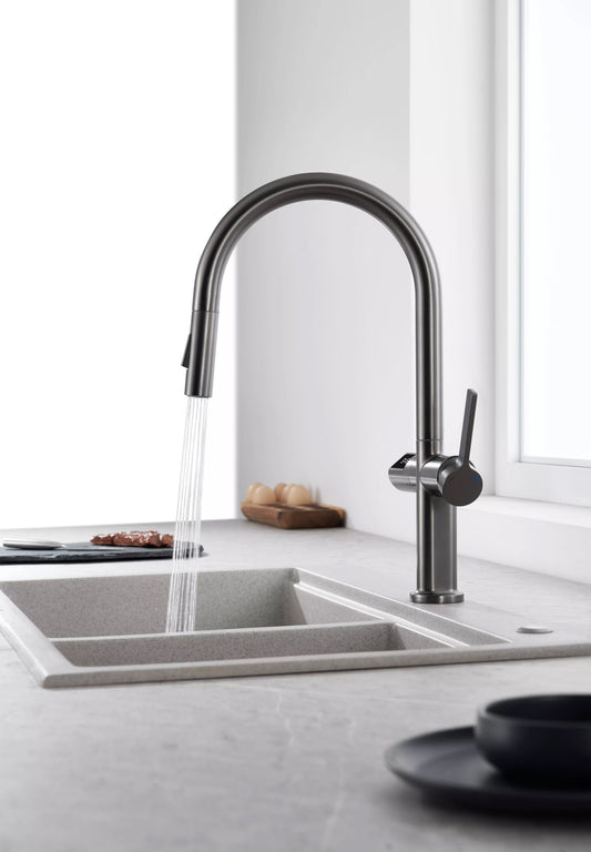A|M Aquae Intelligent digital display puller kitchen faucet infrared sensor switch hot and cold washbasin Gunmetal Gray