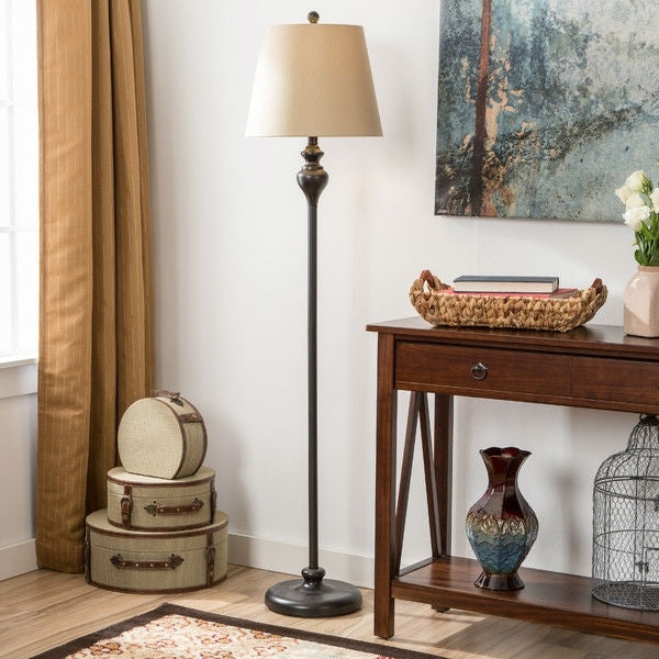 3-Piece Floor Lamp and Table Desk Lamp Set in Black with Light Gold Drum Shades