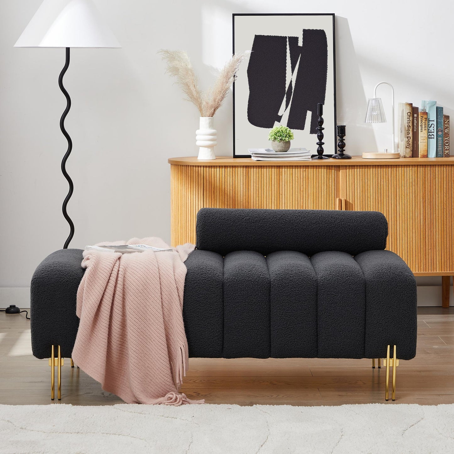 Modern End of Bed Bench Upholstered Teddy Entryway Ottoman Bench Fuzzy Sofa Stool Footrest Window Bench with Gold Metal Legs for Bedroom Apartments