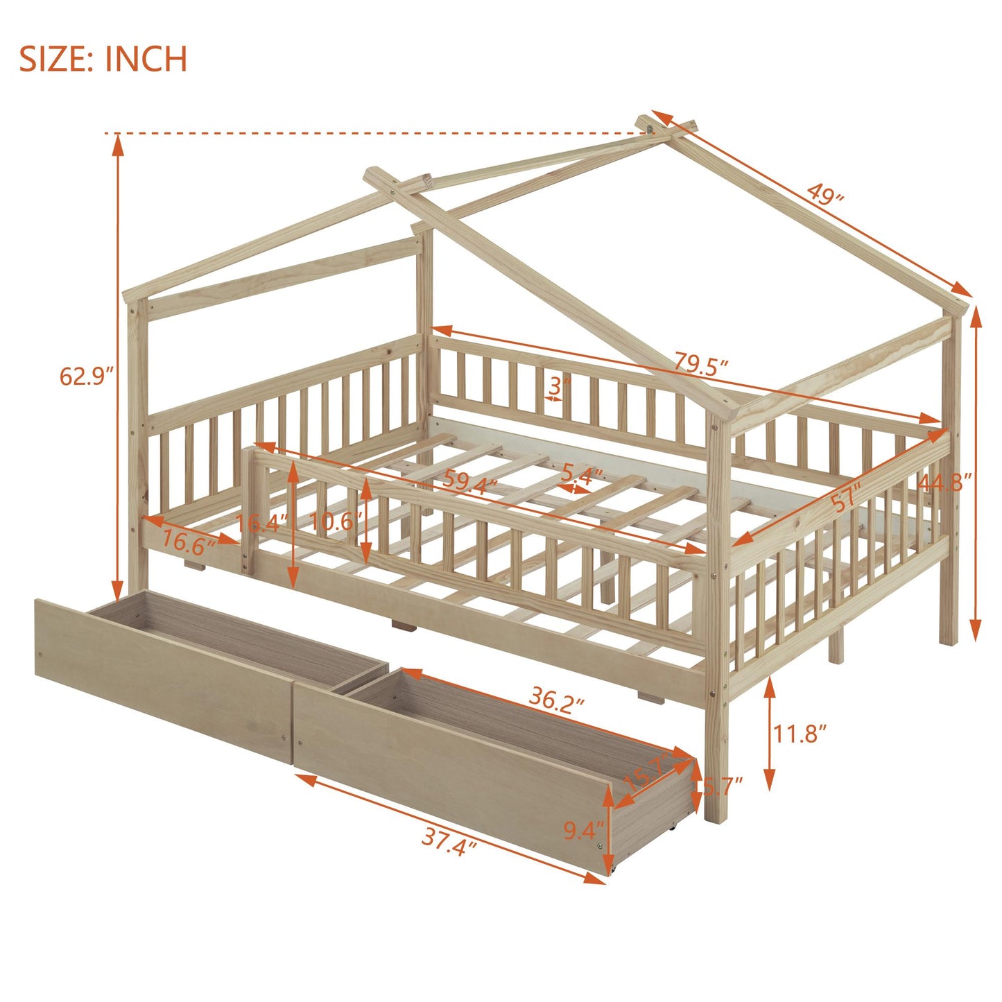 Full Size Wooden House Bed with Two Drawers