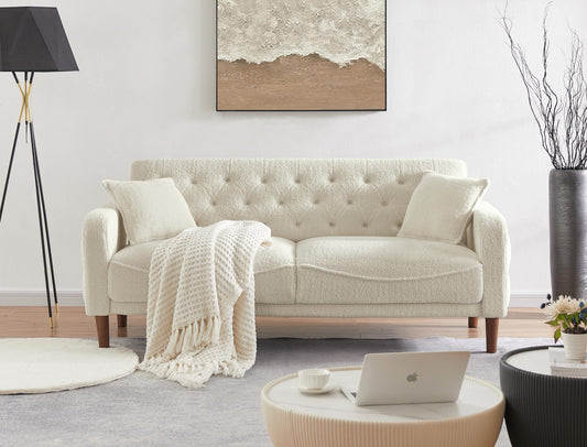 Modern Furniture Teddy Velet Sofa 2 Pillows Beige Loveseat with Button Tufting