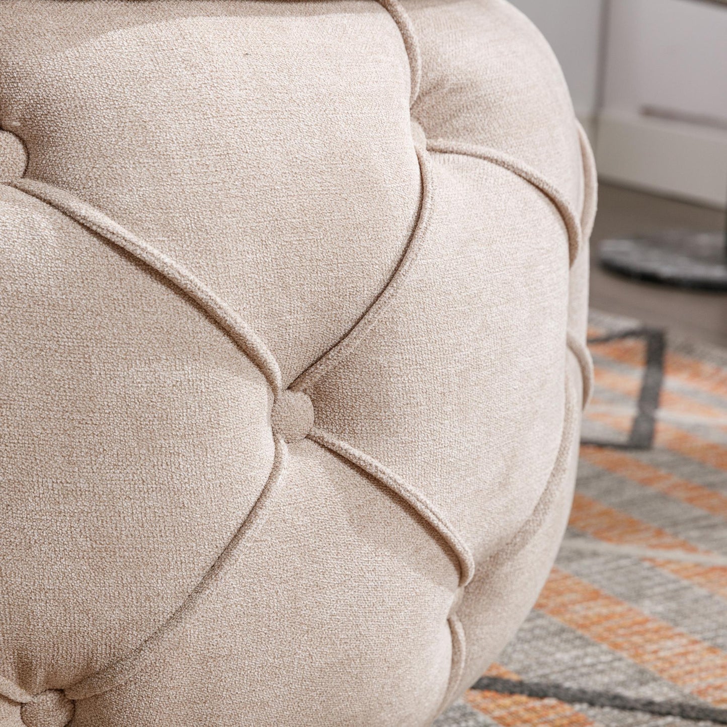 Large Button Tufted Woven Round Storage Footstool。Suitable for living room, bedroom, study