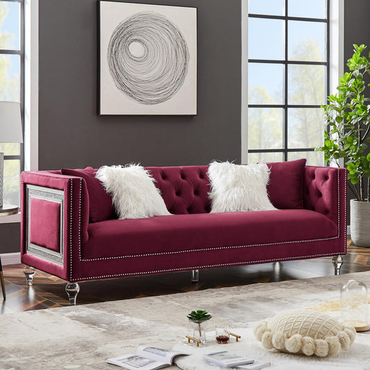 Red Velvet Sofa for Living Room with Pillows