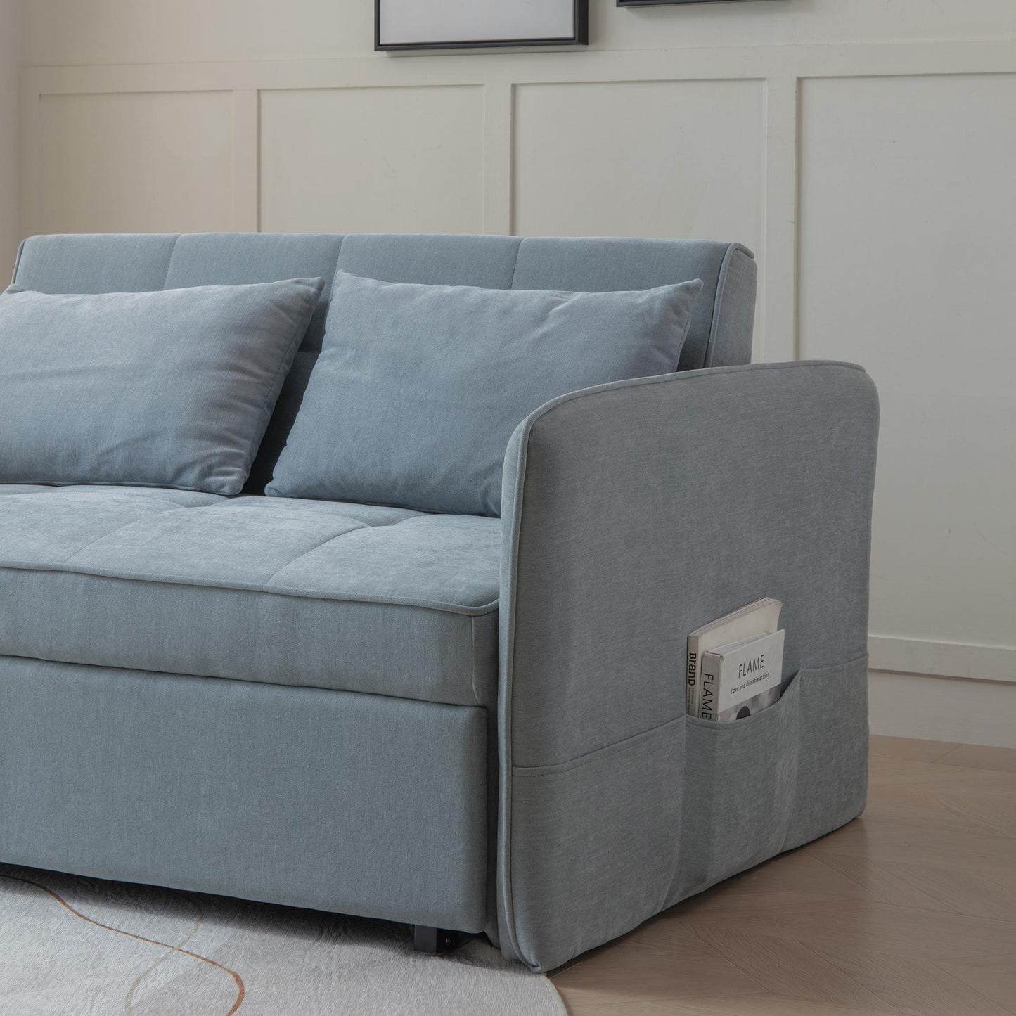 Chenille fabric pull-out sofa bed,sleeper loveseat couch with adjustable armrests-Grey