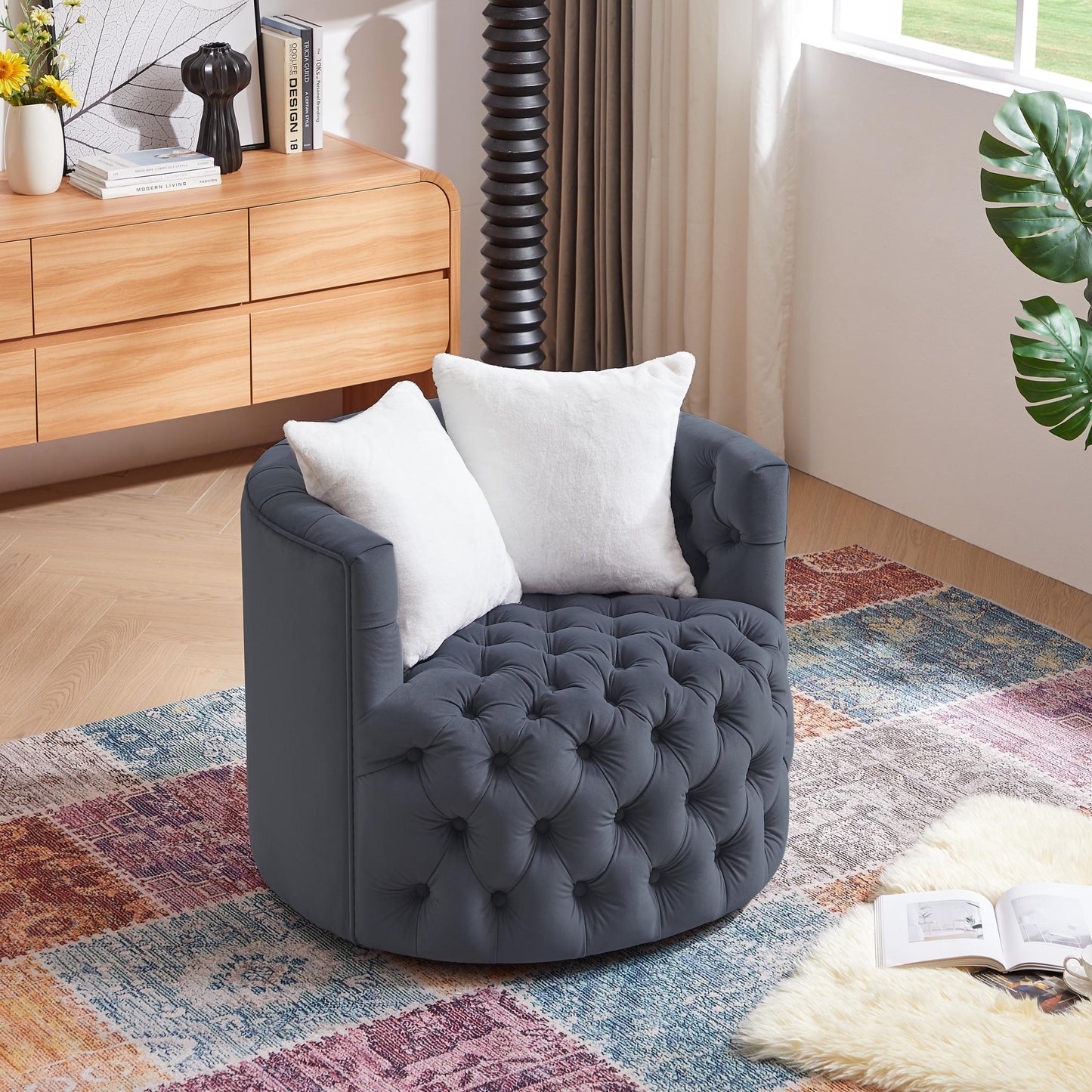 Modern Swivel Barrel Chair with 360° Swivel Base and 2 Pillows, Velvet Fabric Shell Chair Back, Suitable for All Environments