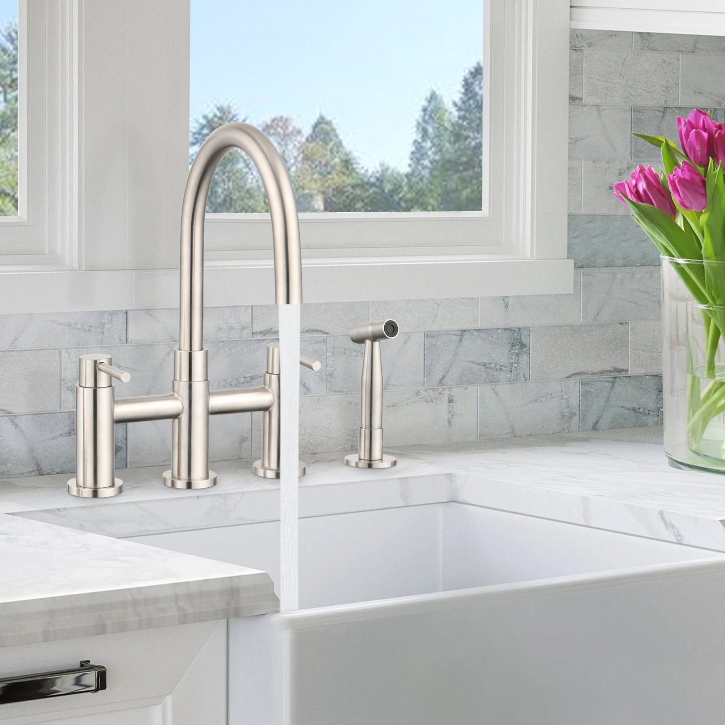 A|M Aquae Double Handle Bridge Kitchen Faucet with Side Spray