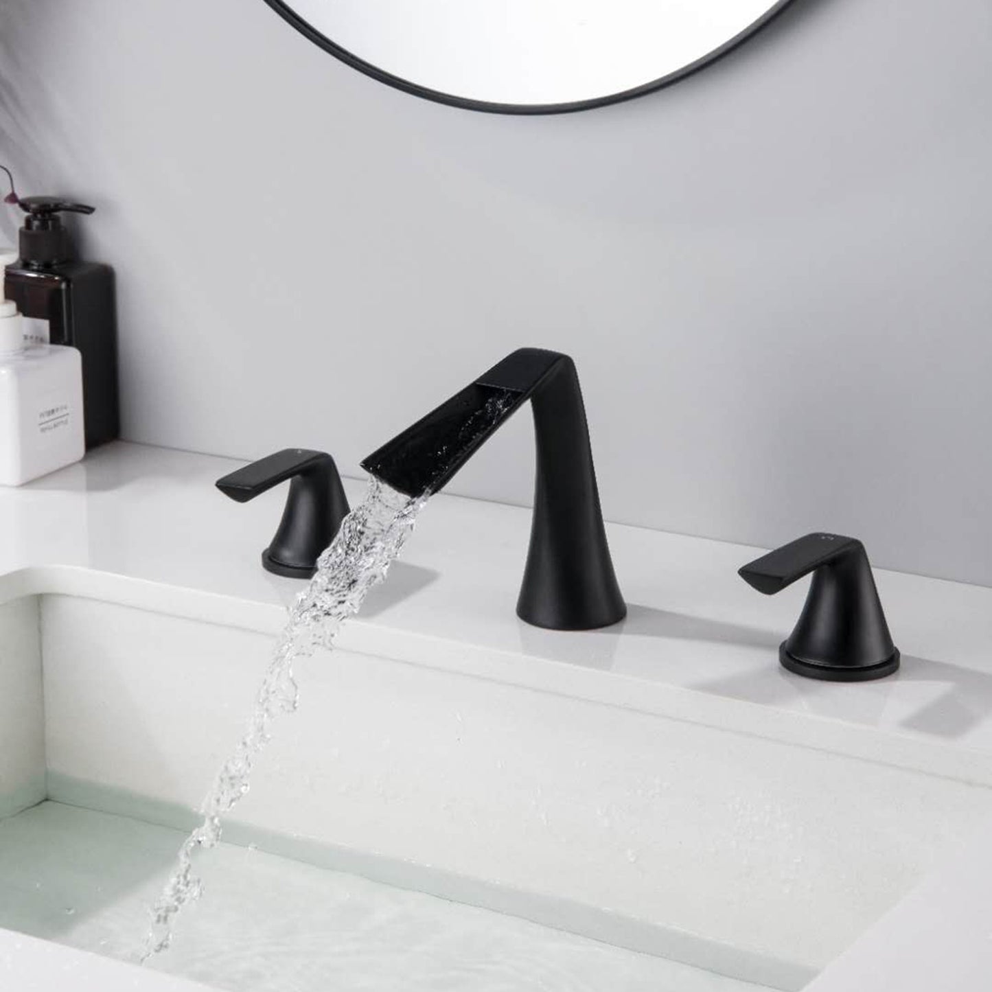 AvaMalis A|M Aquae Waterfall Bathroom Faucet Widespread  Black Brass 2 Handles