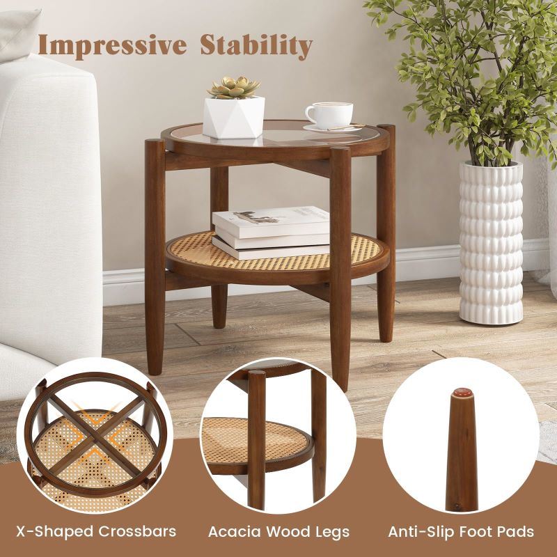 Retro Elegant Rattan Round Side End Table with Tempered Glass Tabletop