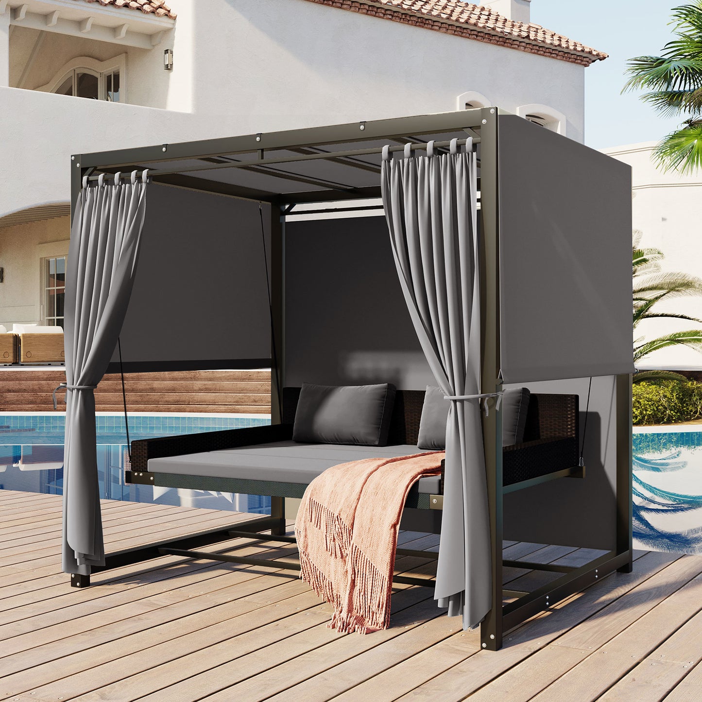 [VIDEO provided]U_Style 2-3 People Outdoor Swing Bed; Adjustable Curtains; Suitable For Balconies;  Gardens And Other Places