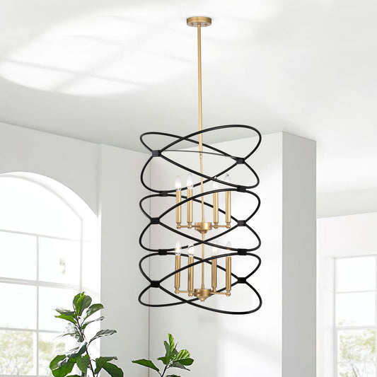 Transitional Gold/Matte Black Metal Chandelier Fixture; 8 lights ; 2-Tier-Candle Ceiling Light for Living Room; Bedroom; Dining Room; Dimmable; E12; W23.6*H55