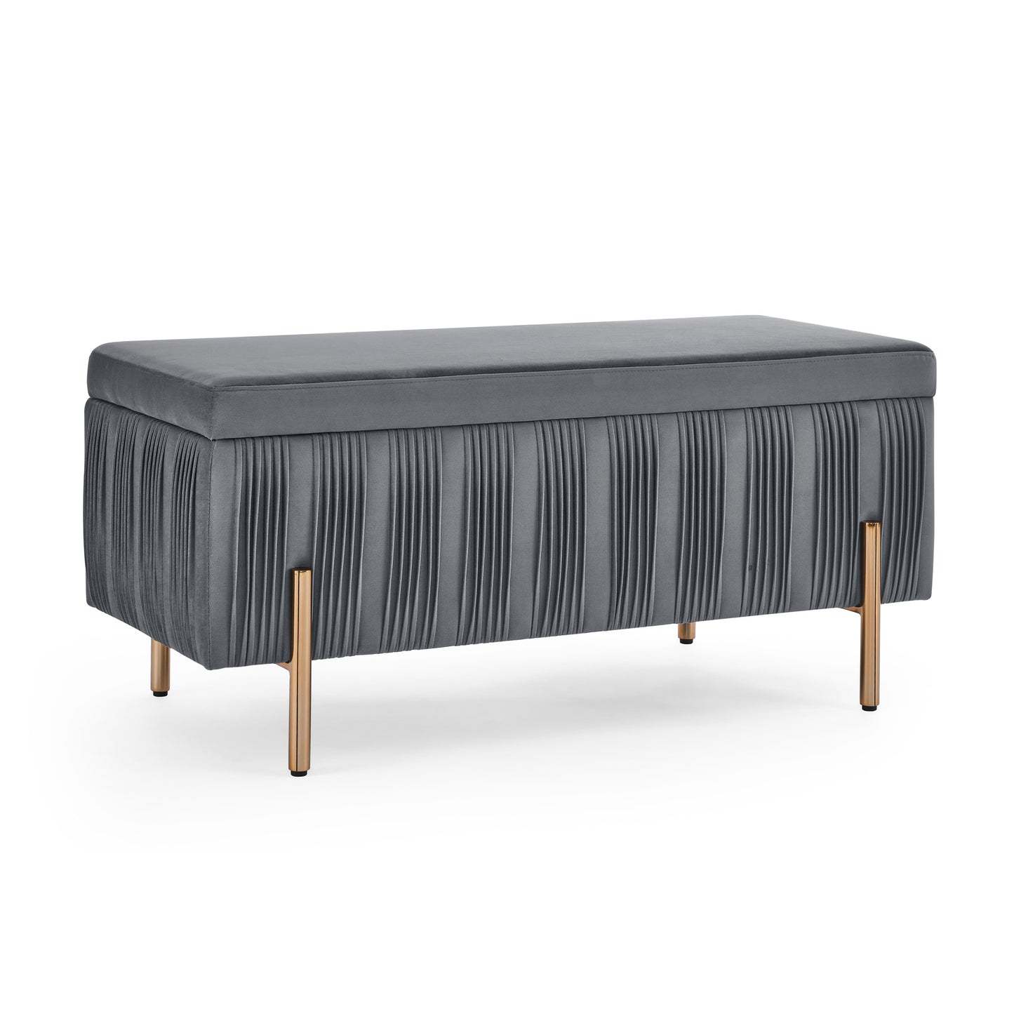 Elegant Upholstered Velvet Storage Bench with Cedar Wood Veneer, Large Storage Ottoman with Electroplate Iron Legs for Hallway Living Room Bedroom, Grey