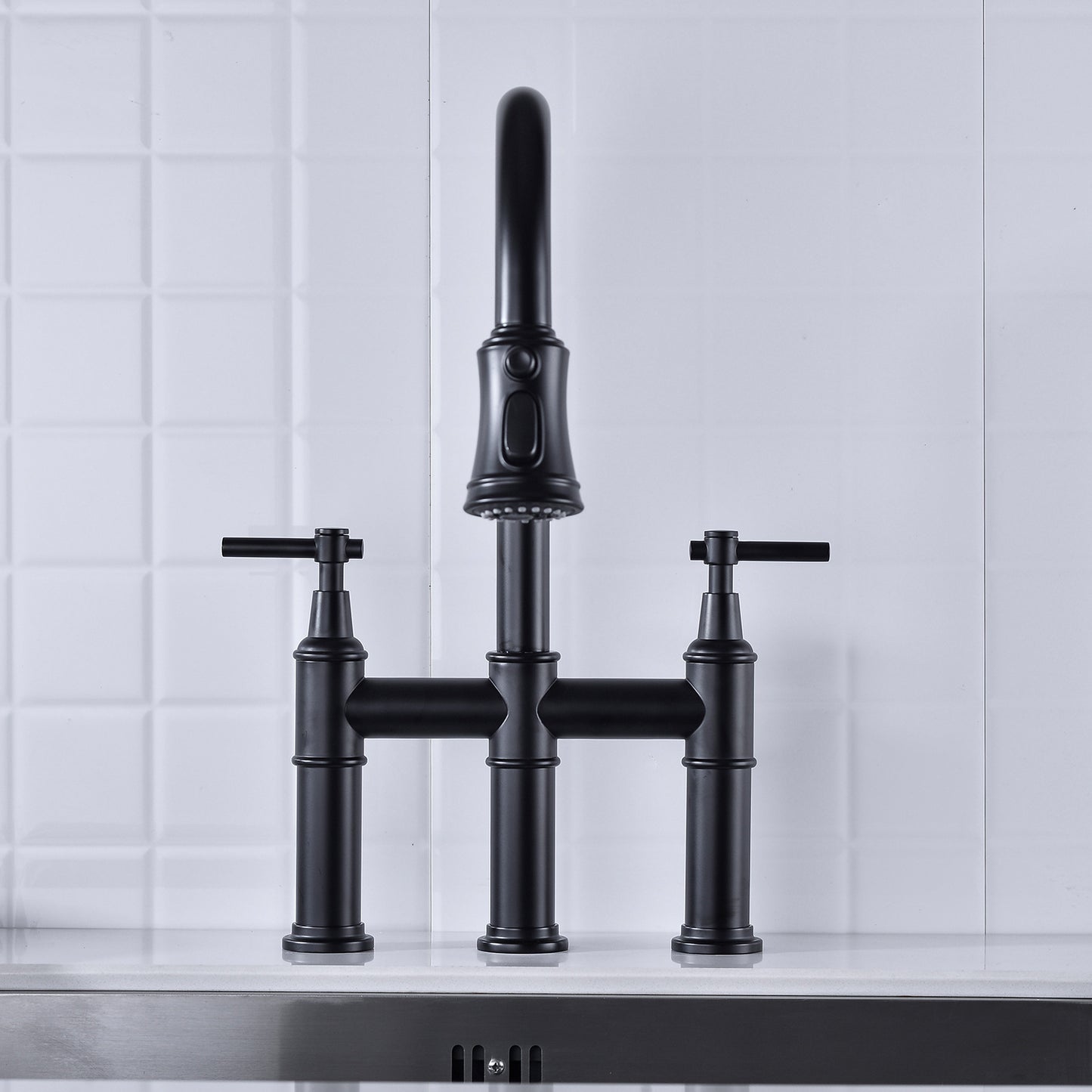 A|M Aquae Bridge Kitchen Faucet with Pull-Down Sprayhead in Spot