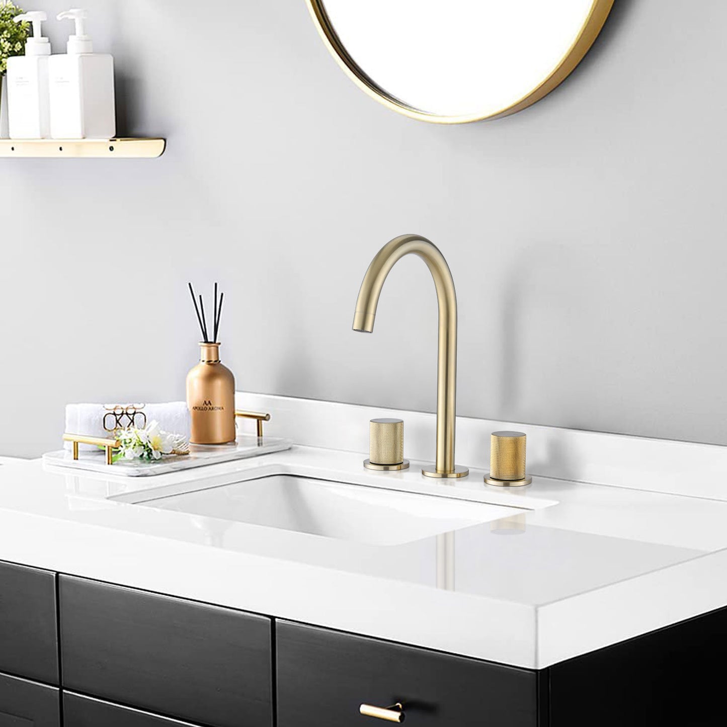 AvaMalis A|M Aquae Two Handles Widespread 8 Inch Bathroom Faucet, Brushed Golden