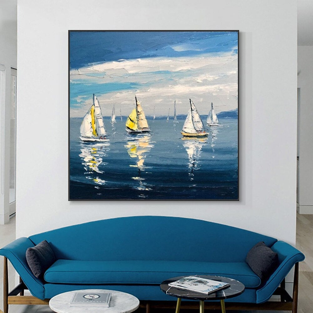 Hand Painted Oil Painting Sailboat Ocean Seascape-Hand-Painted- Oil Painting Handmade- Wall Art Hand Paint - For Home Decoration