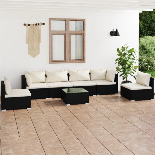7 Piece Patio Lounge Set with Cushions Poly Rattan Black