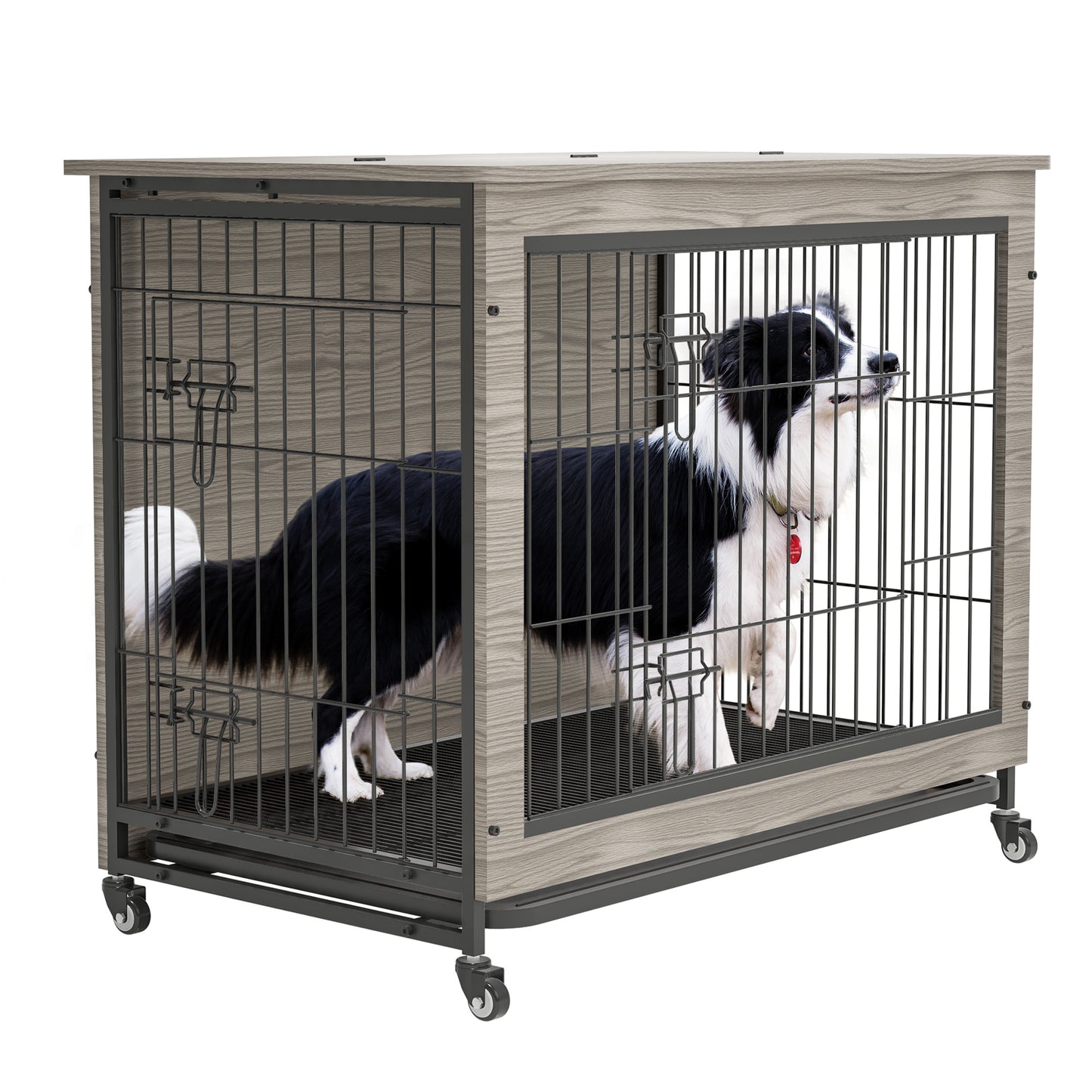 Dog Crate Furniture , 38'' Heavy Duty Wooden Dog Kennel with Double Doors & Flip-Top for Large Dogs, Furniture Style Dog Crate End Table with Wheels, Grey 38.3"L X 23.4"W X 32"H