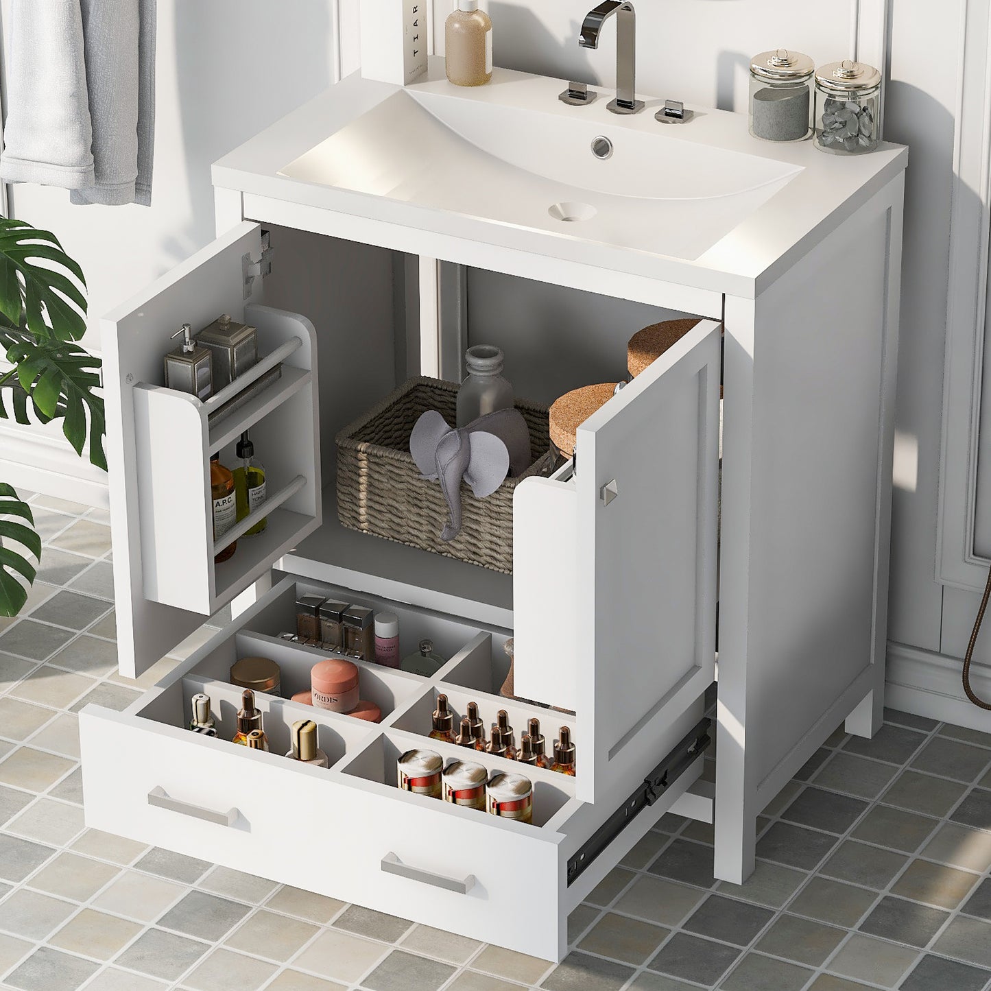 30" White Bathroom Vanity with Single Sink, Combo Cabinet Undermount Sink, Bathroom Storage Cabinet with 2 Doors and a Drawer, Soft Closing, Multifunctional Storage, Solid Wood Frame