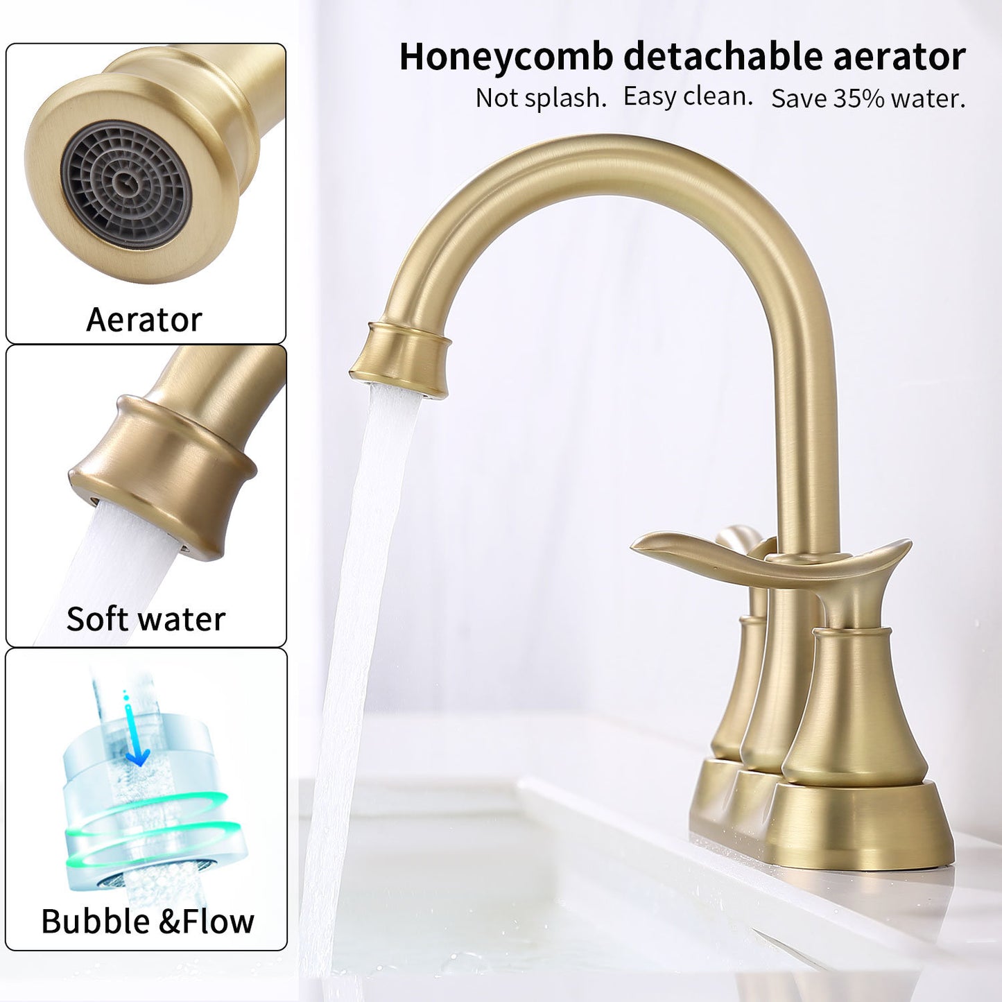 AvaMalis A|M Aquae 2-Handle 4-Inch Brushed Gold Bathroom Faucet, Bathroom Vanity Sink Faucets with Pop-up Drain and Supply Hoses
