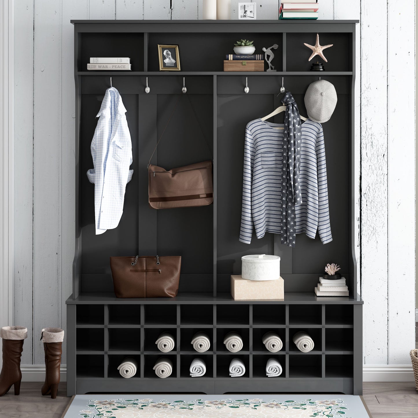 ON-TREND Modern Style Multiple Functions Hallway Coat Rack with Metal Black Hooks, Entryway Bench 60" Wide Hall Tree with Ample Storage Space and 24 Shoe Cubbies , Black (OLD SKU: WF286983AAB )