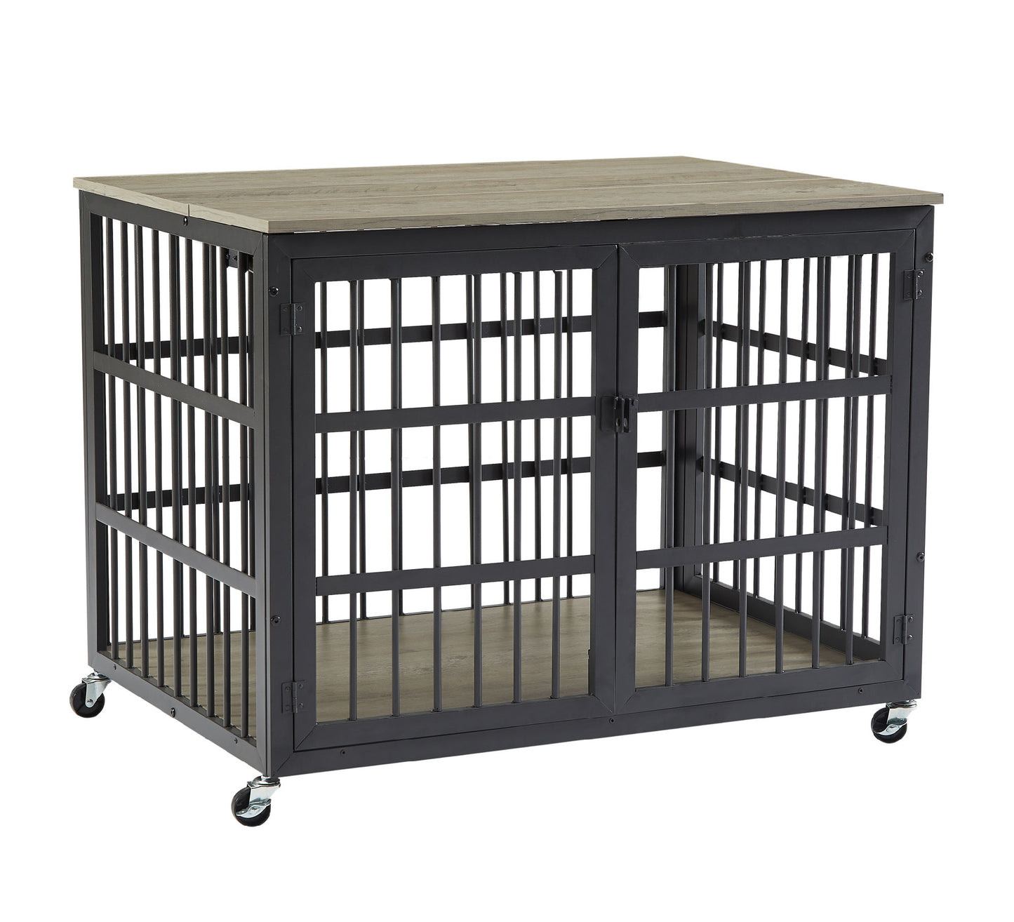 Furniture style dog crate wrought iron frame door with side openings, Grey, 38.4''W x 27.7''D x 30.2''H.