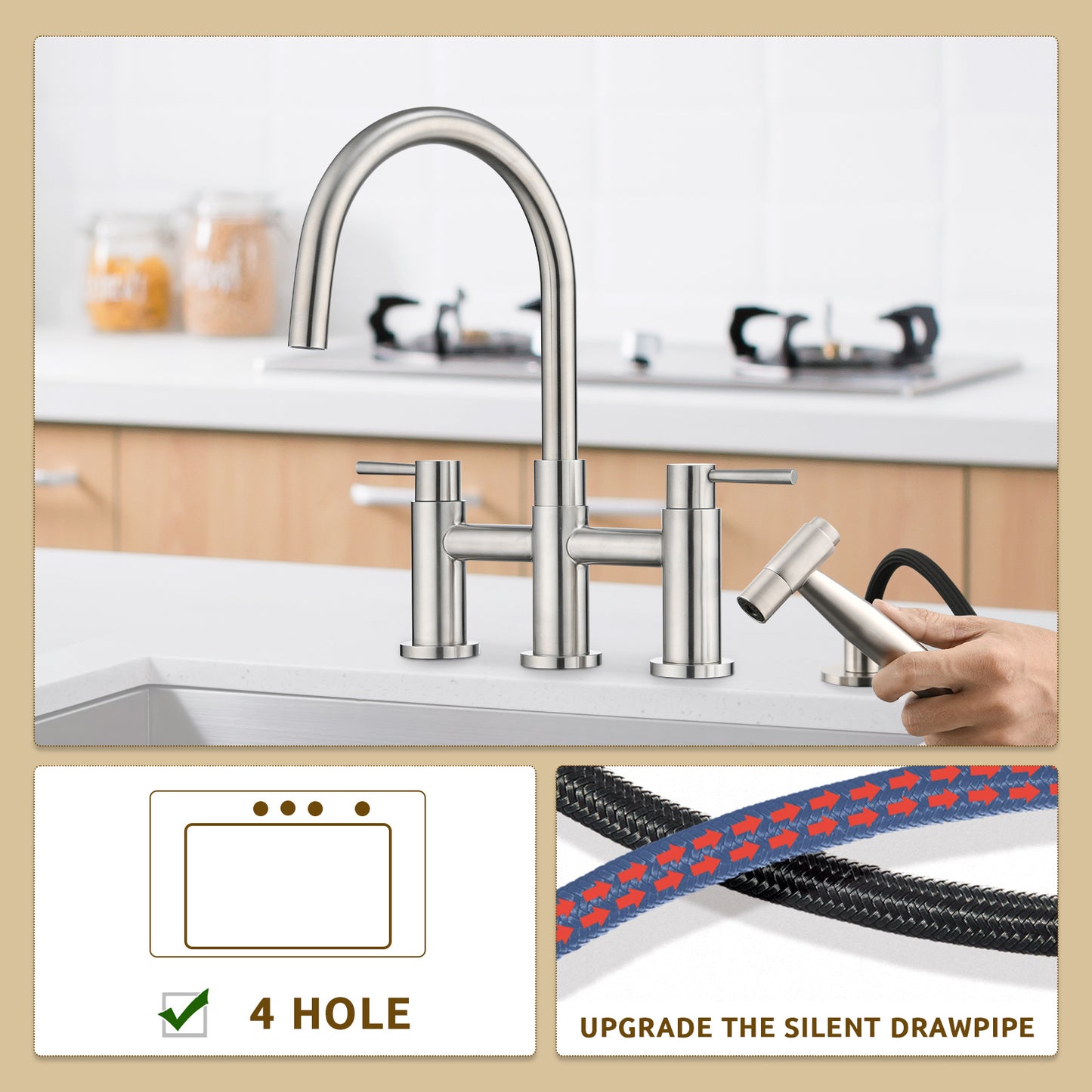 A|M Aquae Double Handle Bridge Kitchen Faucet with Side Spray