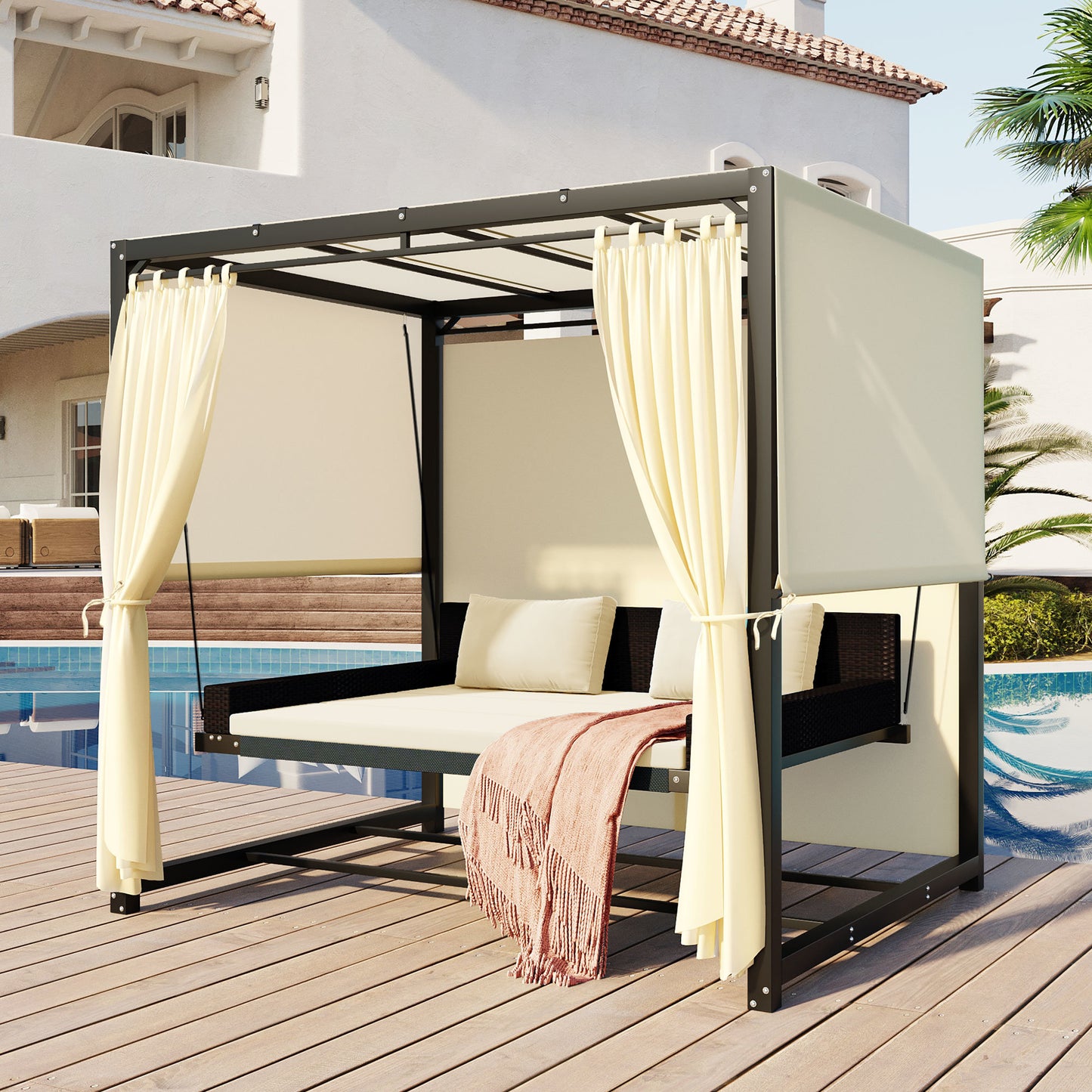 [VIDEO provided]U_Style 2-3 People Outdoor Swing Bed; Adjustable Curtains; Suitable For Balconies;  Gardens And Other Places