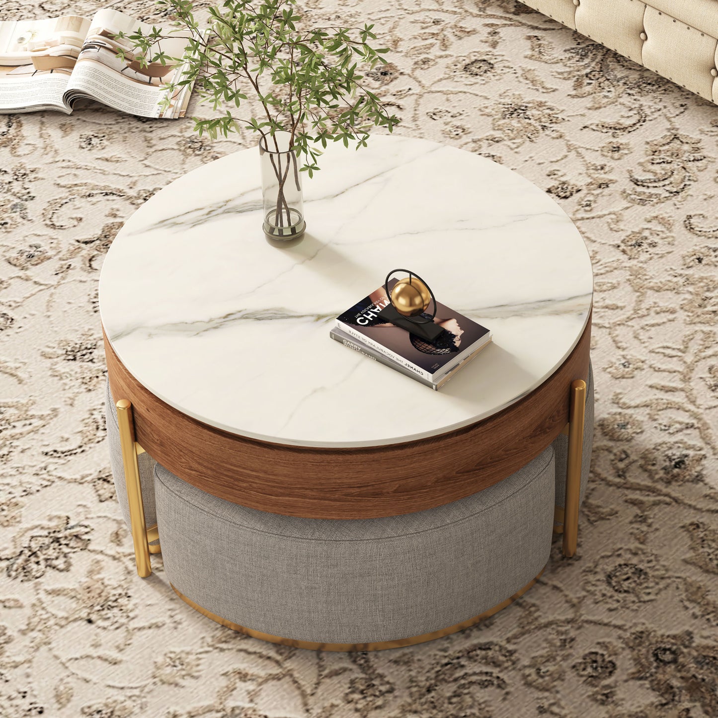 Modern Nesting Coffee Table Set with Sintered Stone Top, Lift-top Coffee Table 37"