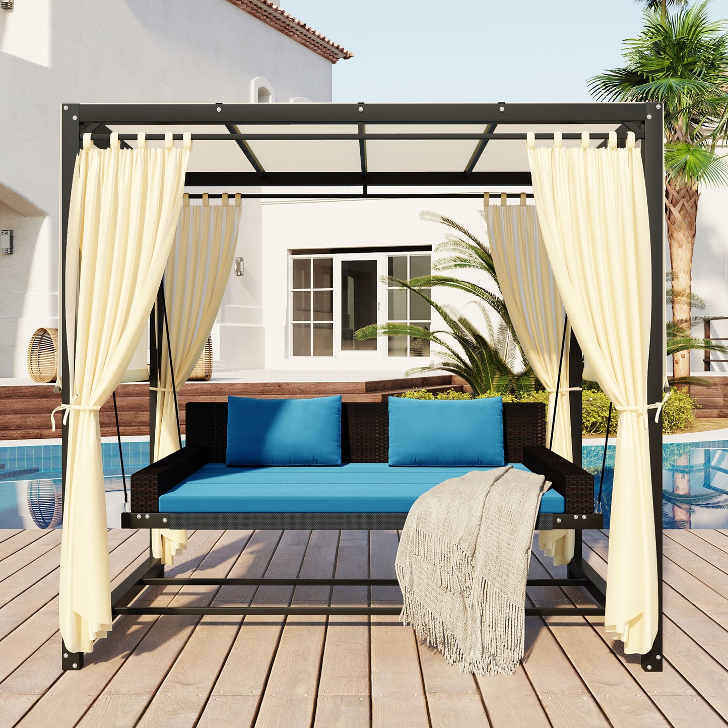 [VIDEO provided]U_Style 2-3 People Outdoor Swing Bed; Adjustable Curtains; Suitable For Balconies;  Gardens And Other Places