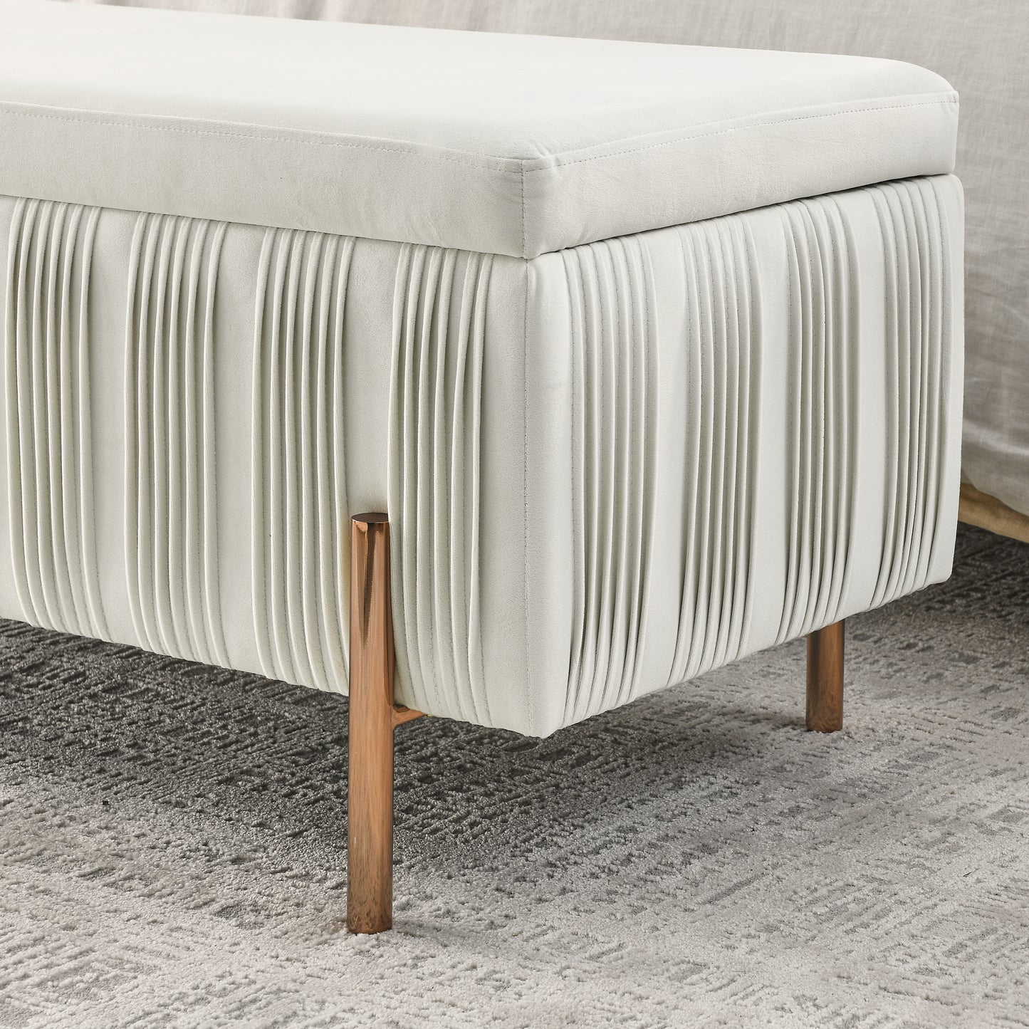 Elegant Upholstered Velvet Storage Bench with Cedar Wood Veneer, Large Storage Ottoman with Electroplate Iron Legs for Hallway Living Room Bedroom, Beige