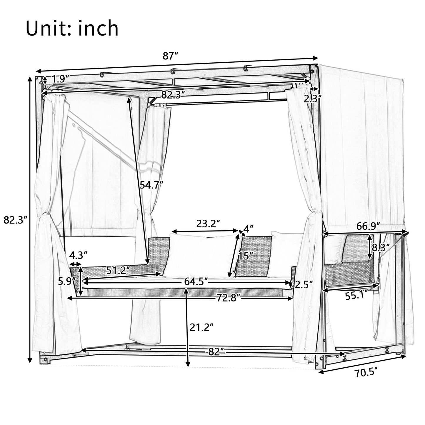 [VIDEO provided]U_Style 2-3 People Outdoor Swing Bed; Adjustable Curtains; Suitable For Balconies;  Gardens And Other Places