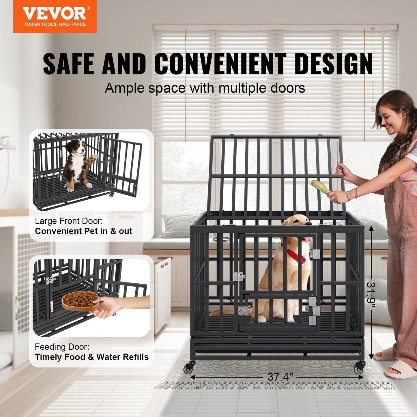 38 Inch Heavy Duty Dog Crate, Indestructible Dog Crate, 3-Door Heavy Duty Dog Kennel for Medium to Large Dogs with Lockable Wheels and Removable Tray, High Anxiety Dog Crate for Indoor & Outdoor