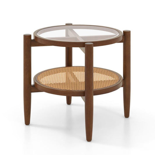 Retro Elegant Rattan Round Side End Table with Tempered Glass Tabletop