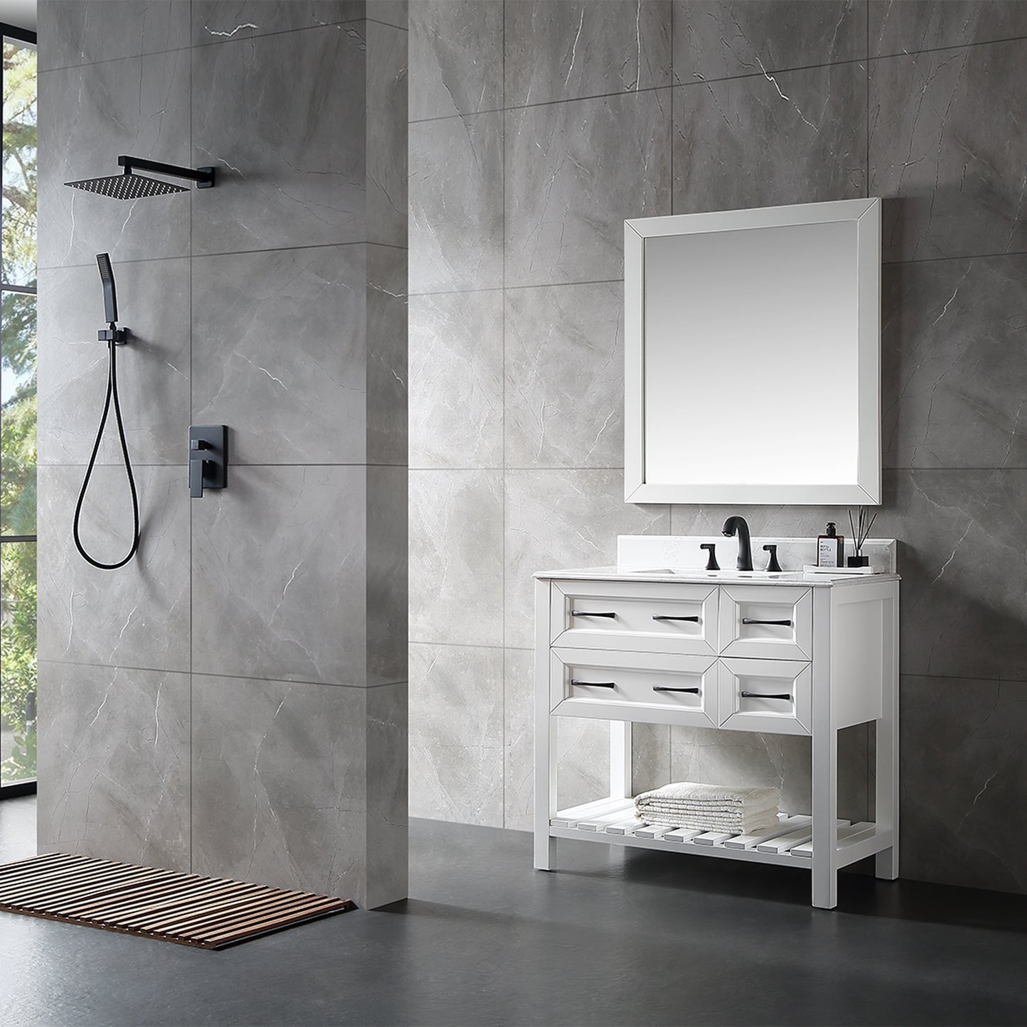 36 in. W x 22 in. D x 35 in. H Transitional Freestanding Bath Vanity in White with Engineer Stone Top in White
