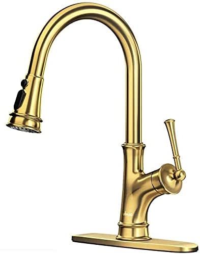 AvaMalis A|M Aquae APPASO Gold Kitchen Faucet with Pull Down Sprayer, Antique Brushed Gold Single Handle 1 Hole High Arc Copper Brass Pull Out Kitchen Sink Faucets, Champagne Gold