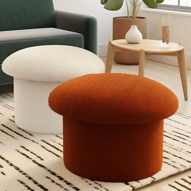 Boucle Mushroom Upholstered Storage Ottoman, Cream