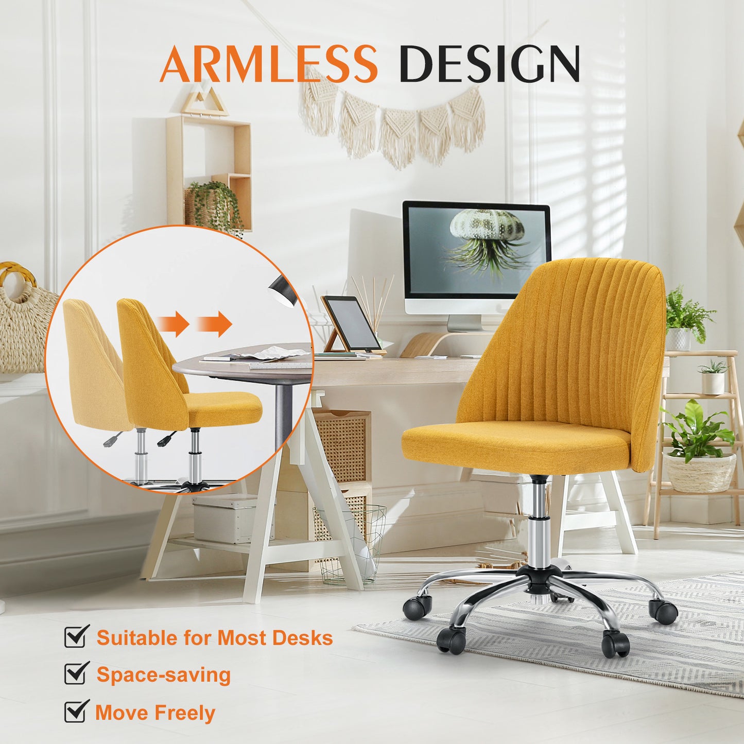 Armless Home Office Desk Chair with Wheels Adjustable Swivel Task Computer Vanity Chair for Small Spaces