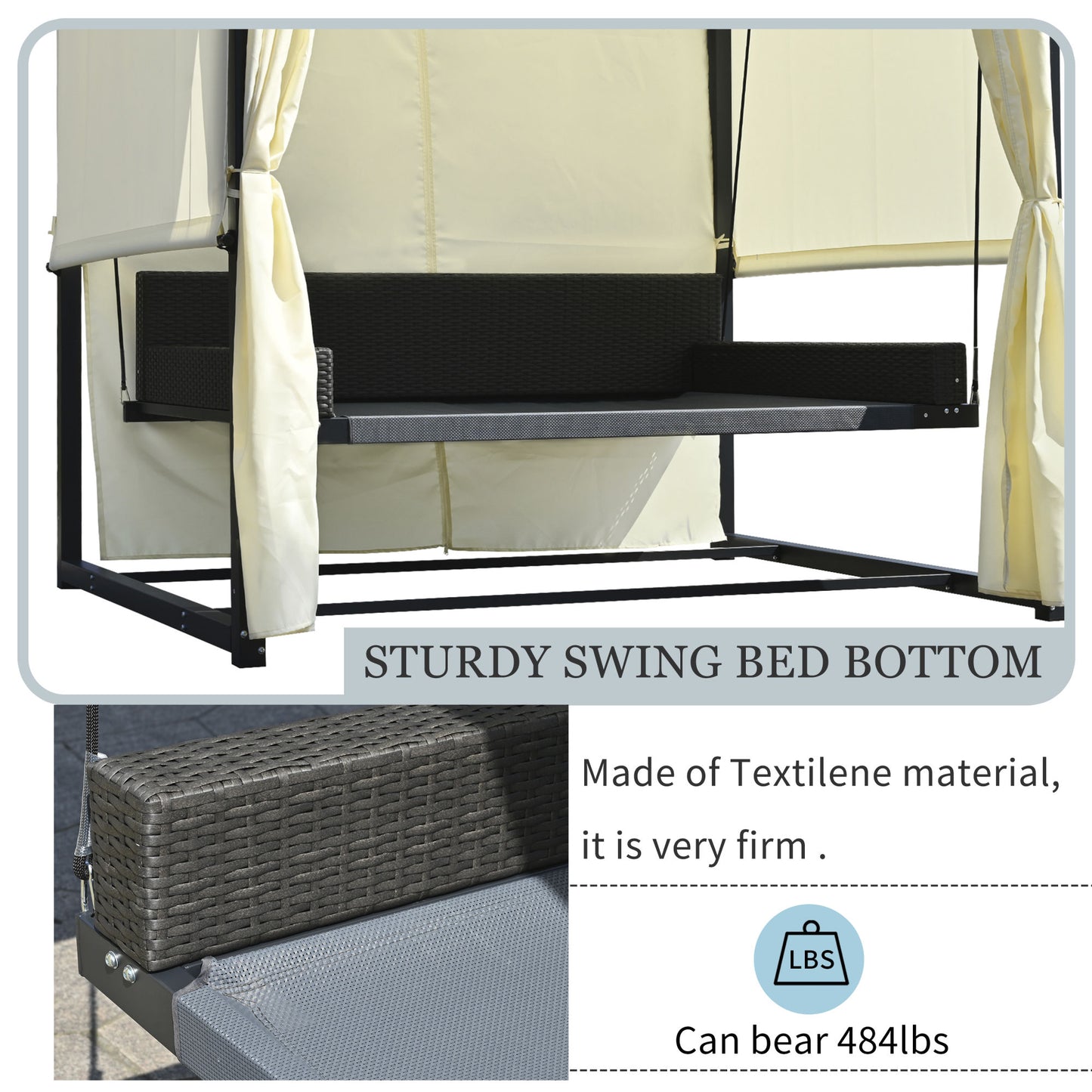 [VIDEO provided]U_Style 2-3 People Outdoor Swing Bed; Adjustable Curtains; Suitable For Balconies;  Gardens And Other Places