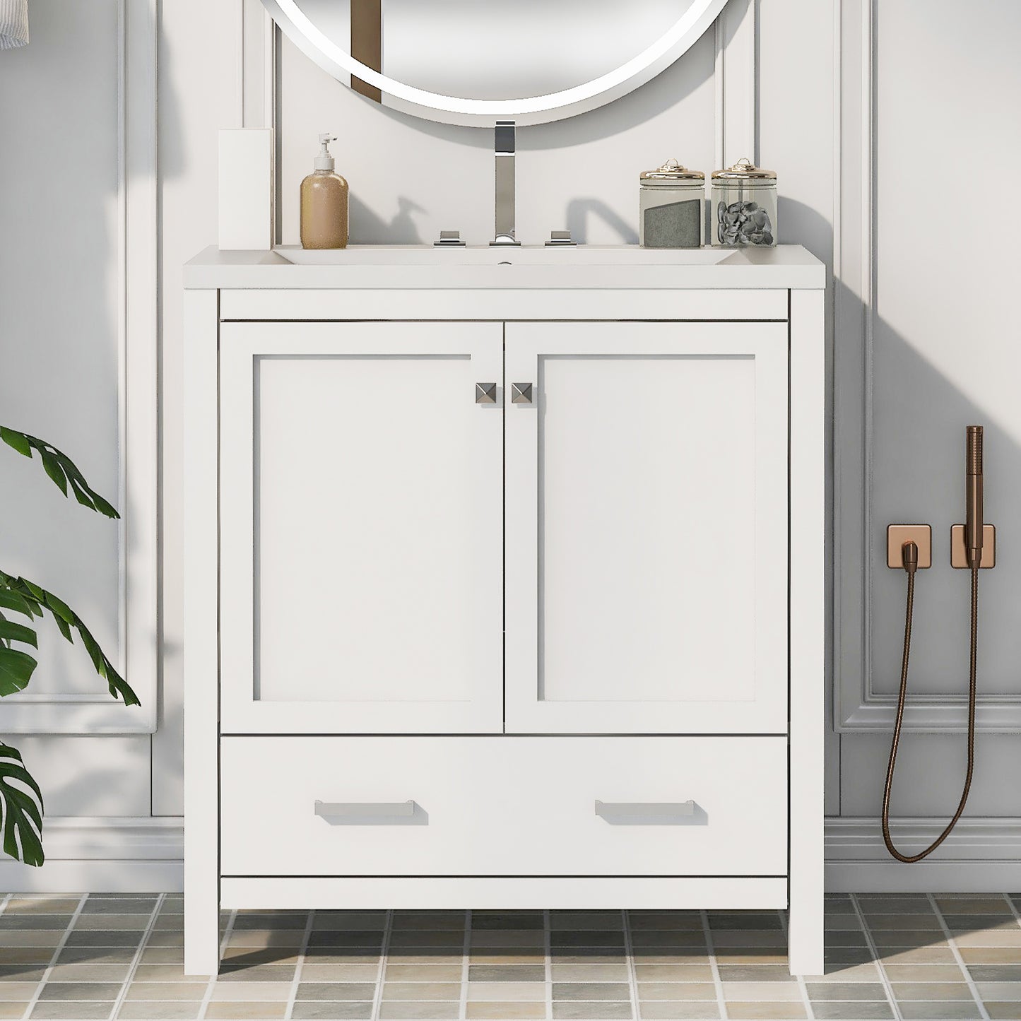 30" White Bathroom Vanity with Single Sink, Combo Cabinet Undermount Sink, Bathroom Storage Cabinet with 2 Doors and a Drawer, Soft Closing, Multifunctional Storage, Solid Wood Frame