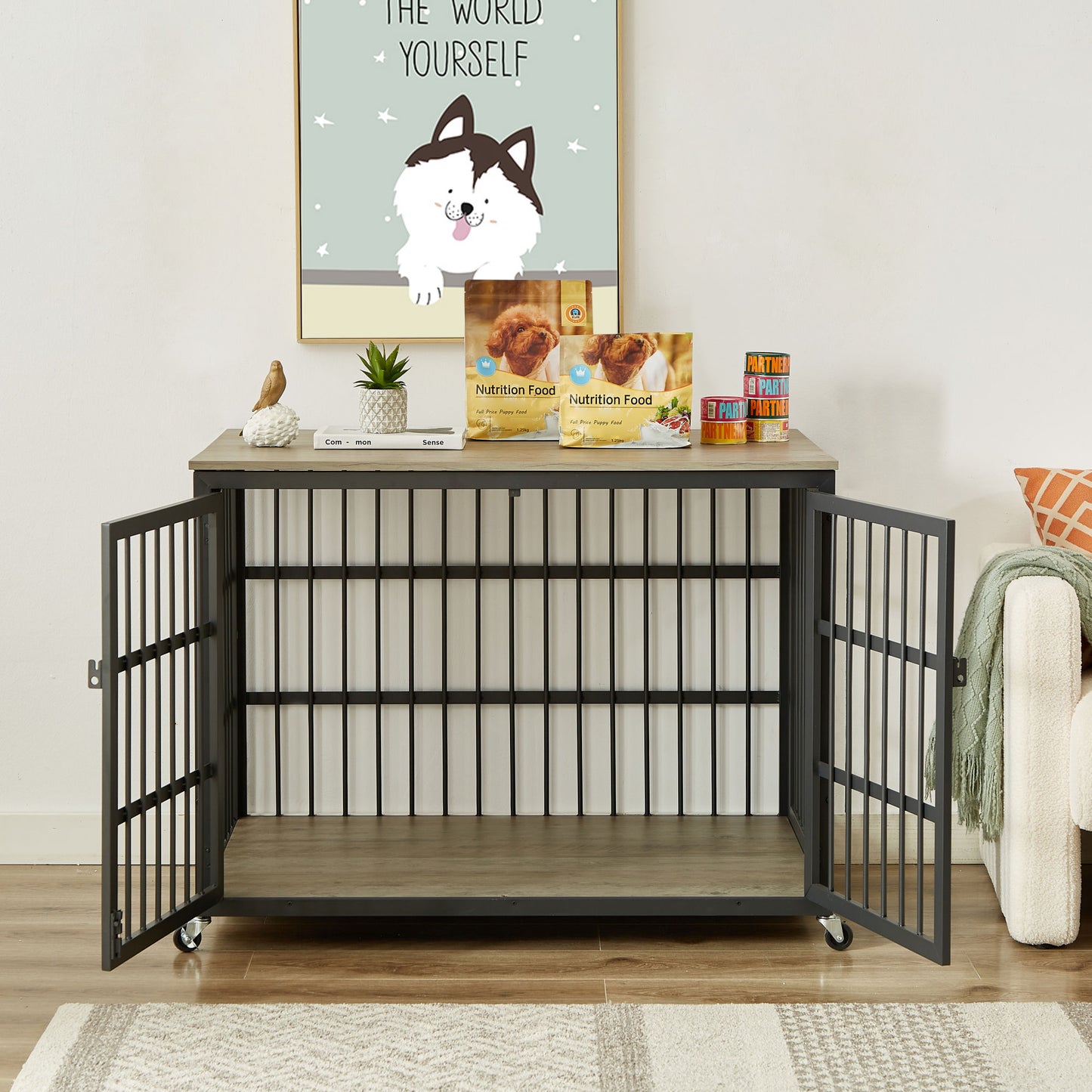 Furniture style dog crate wrought iron frame door with side openings, Grey, 43.3''W x 29.9''D x 33.5''H.