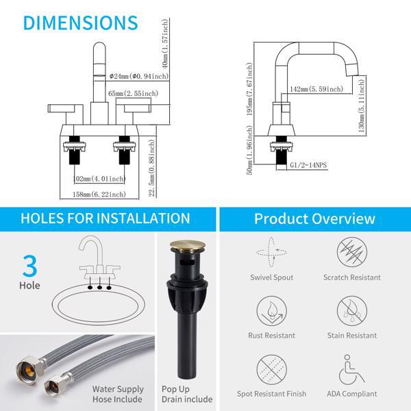 AvaMalis A|M Aquae Bathroom Faucet 2 Handle 4 Inch Centered Bathroom Sink Faucets 3 Hole with Pop Up Drain and Water Supply Lines, Brushed Gold