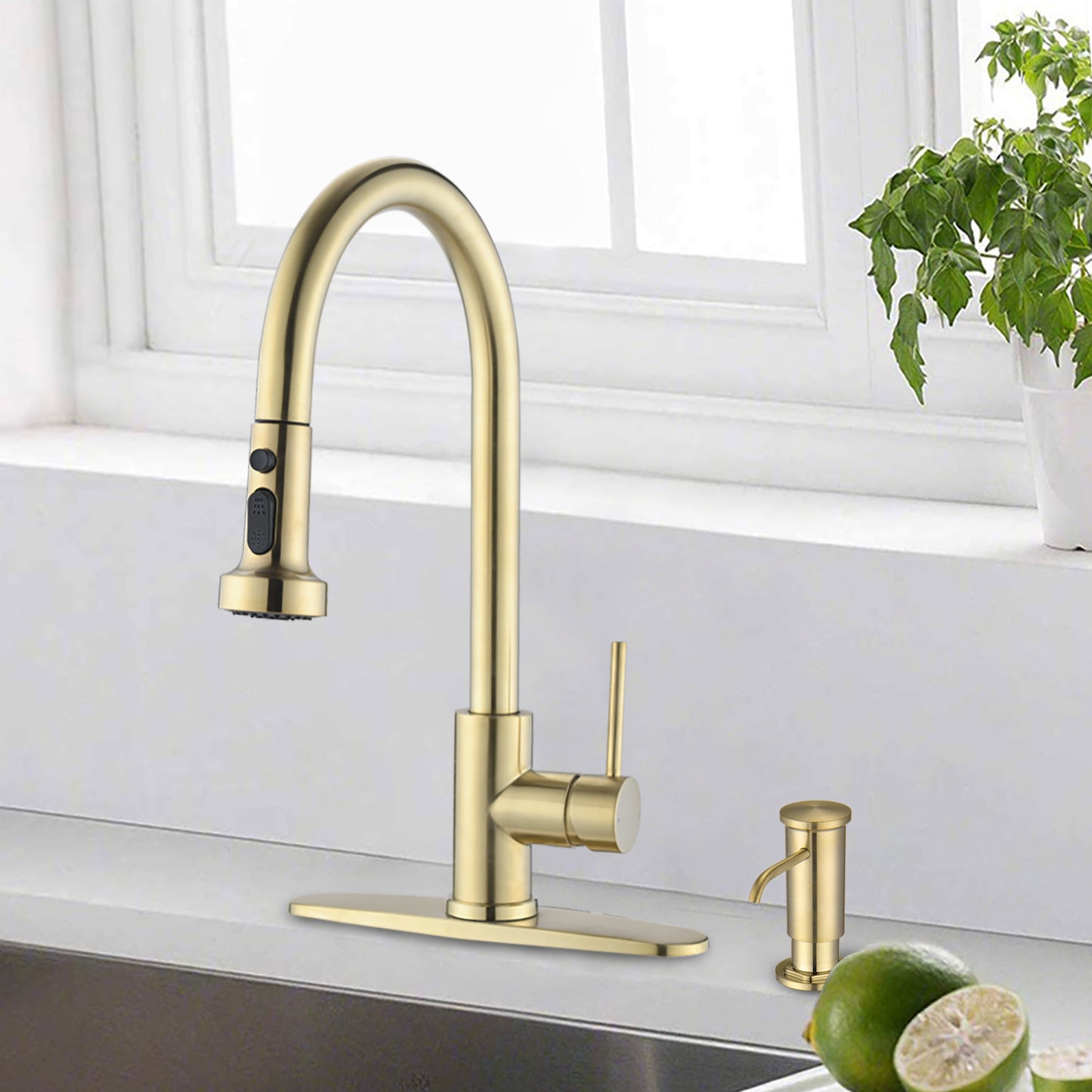 Stainless Steel Pull Down Kitchen Faucet with Soap Dispenser Brushed Gold