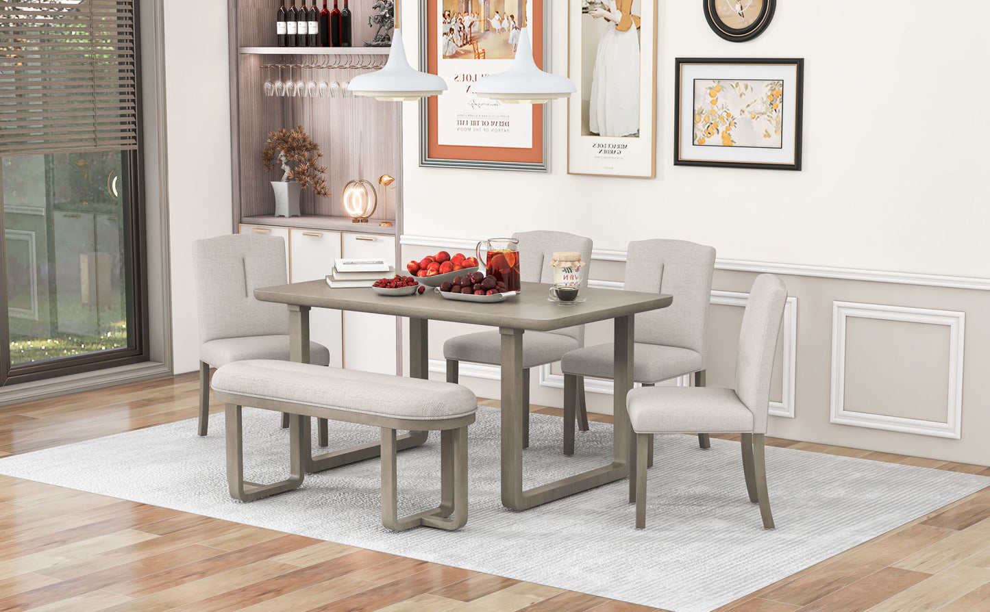 6-Piece Retro-Style Dining Set Includes Dining Table, 4 Upholstered Chairs & Bench with Foam-covered Seat Backs & Cushions for Dining Room (Light Khaki+Beige)