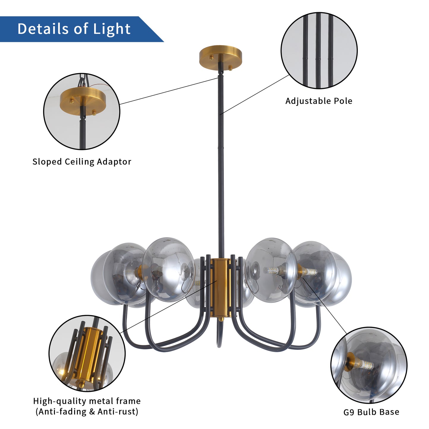 Modern American chandelier-black gold iron glass lampshade -10 bulbs -G9 lamp holder