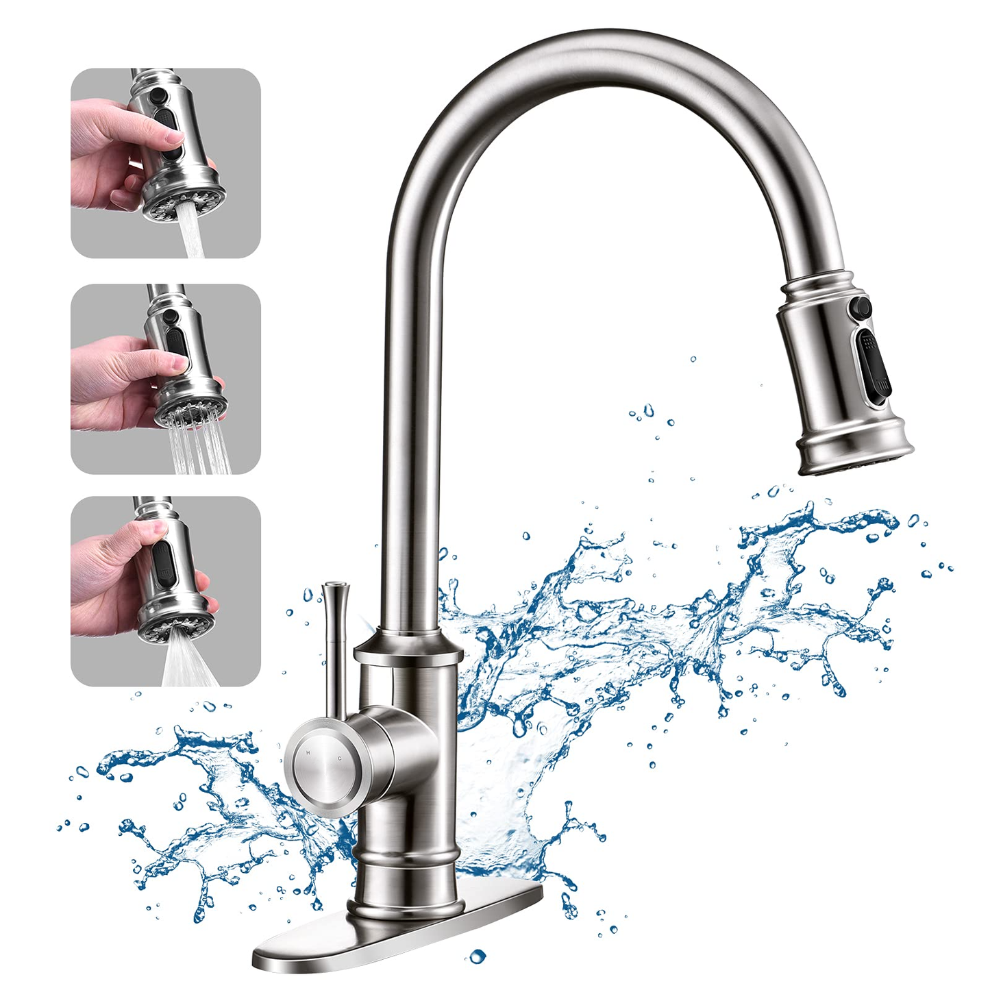 Kitchen Faucet- 3 Modes Pull Down Sprayer Kitchen Sink Faucet, Brushed Nickel Kitchen Faucet Single Handle, 1or3 Holes with Deck Plate, 100% Lead-Free for RV/House